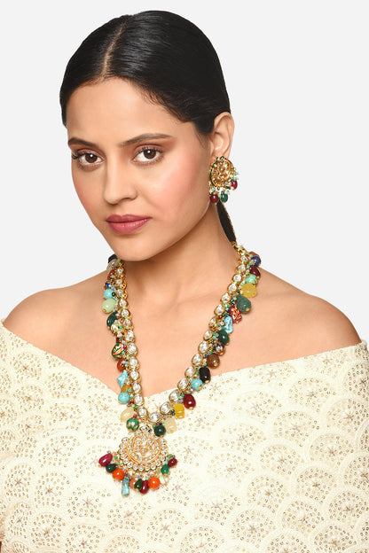 Navratan Embellished Kundan Necklace Jewellery Set