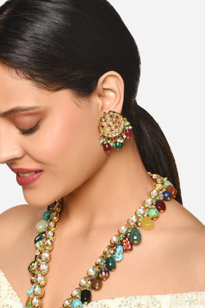 Navratan Embellished Kundan Necklace Jewellery Set