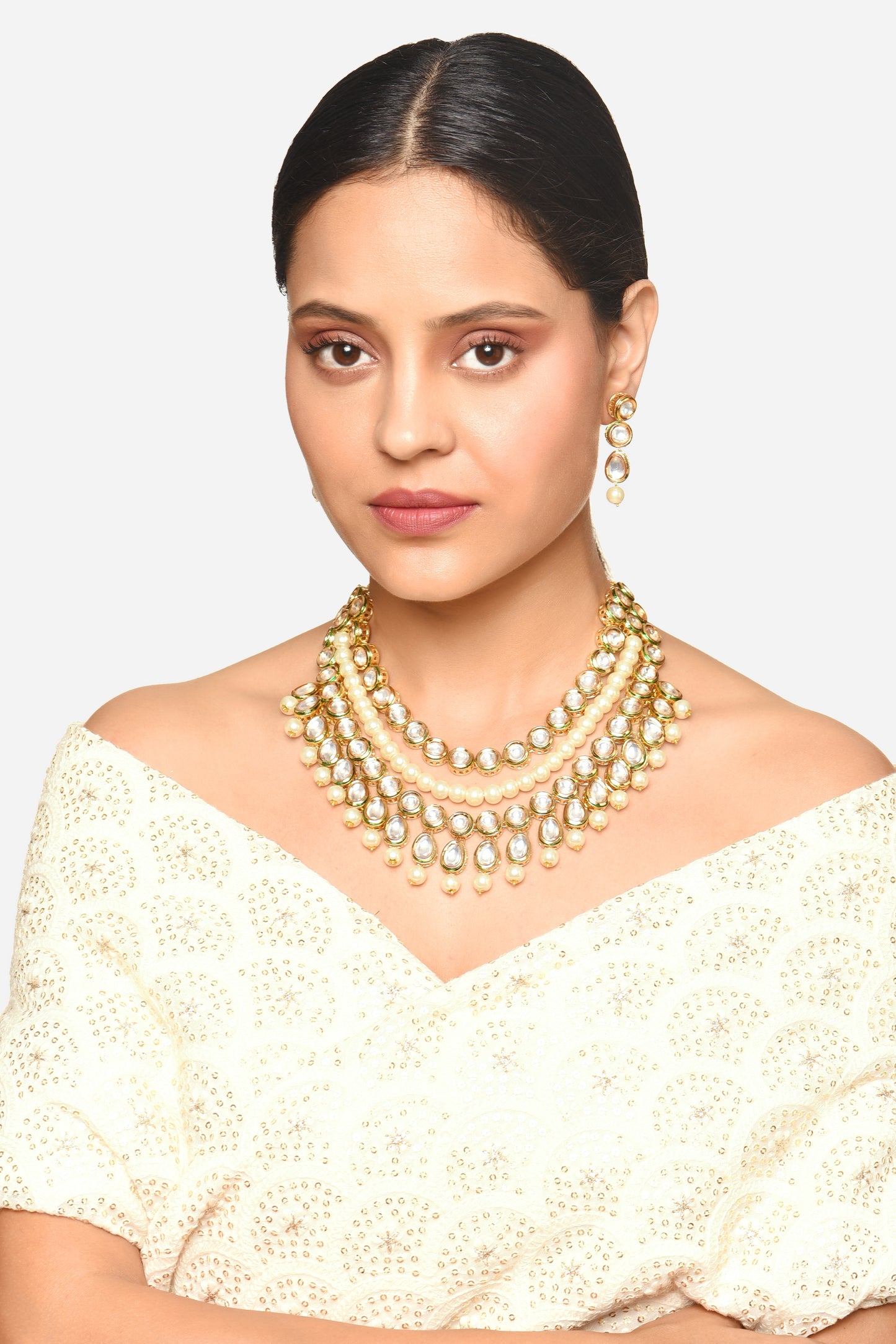 Meenakshi Kundan Embellished Layered Necklace Jewellery Set