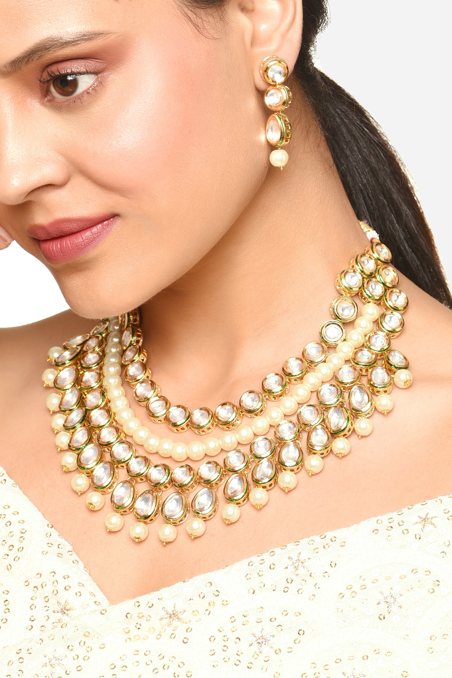 Meenakshi Kundan Embellished Layered Necklace Jewellery Set