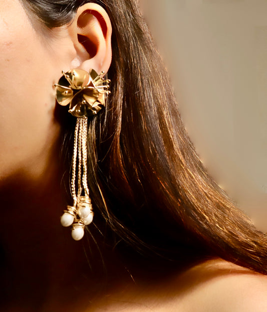 3D Floral Pearl Dangler Earrings